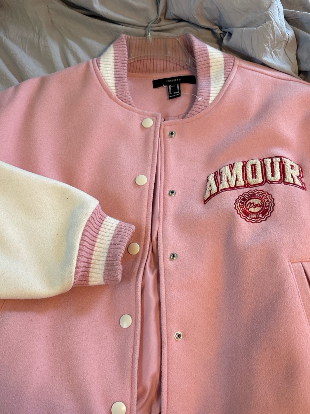 Forever 21 Pink & White AMOUR Varsity Jacket